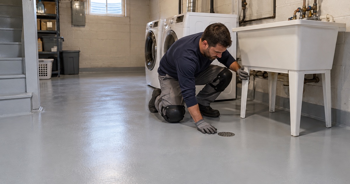 A coated laundry-corner floor in a Racine basement, the coating cut cleanly to the floor drain.