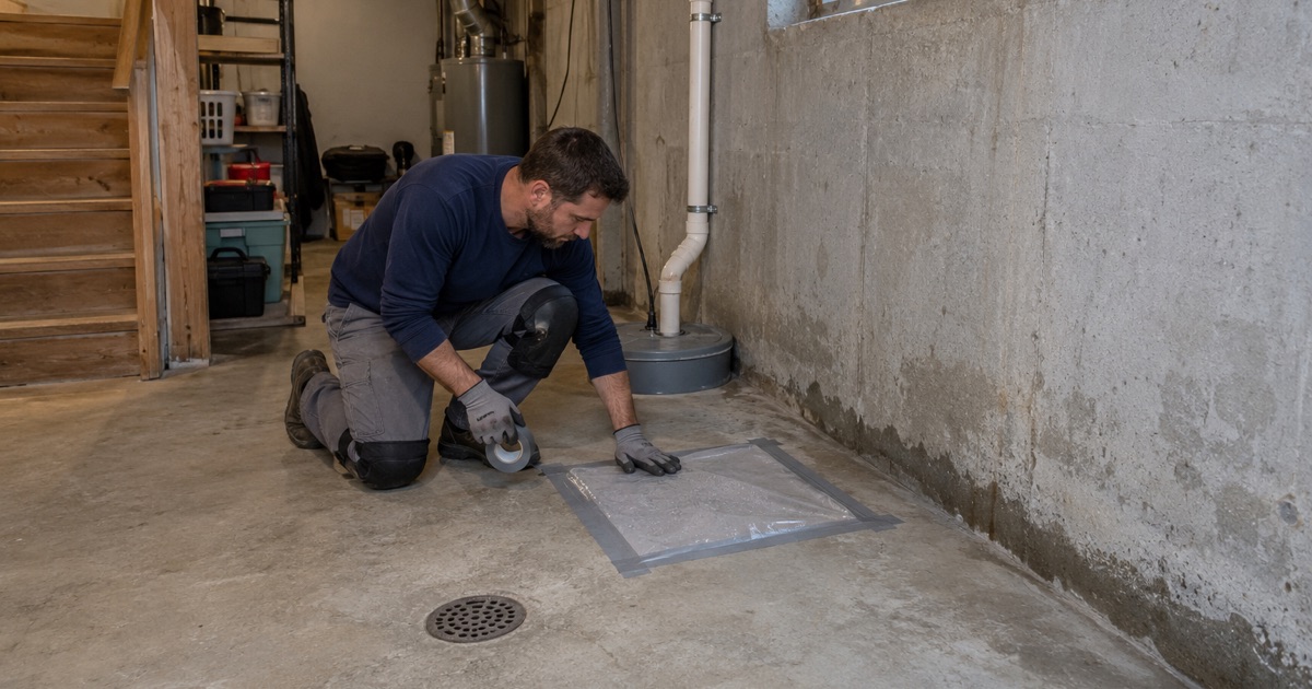 A clear plastic sheet taped to a bare Racine basement floor to see whether moisture rises through the slab before it is coated.