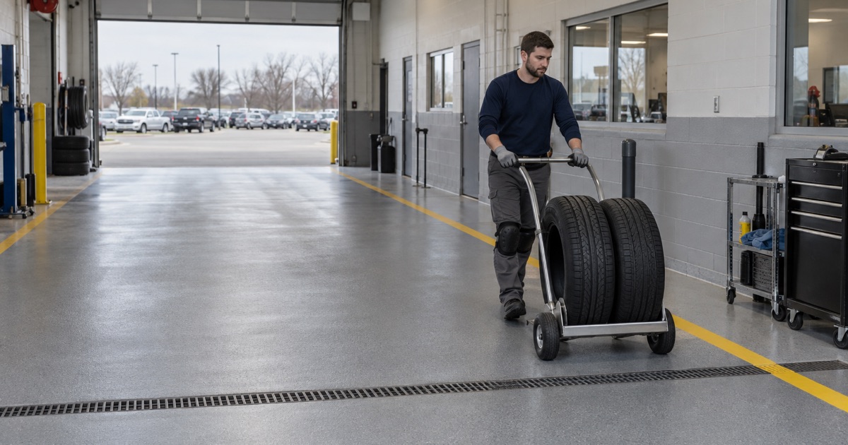 A quartz-textured coated service-drive floor at a Racine car dealership, a tire dolly rolled along the walkway.
