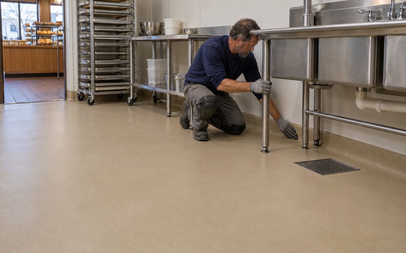 A light tan urethane cement floor coved up the walls of a Racine bakery production room.