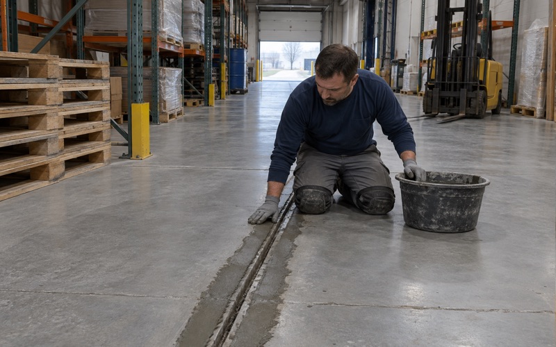 Spalled joint shoulders rebuilt with repair mortar across a forklift aisle in a Racine manufacturing building.