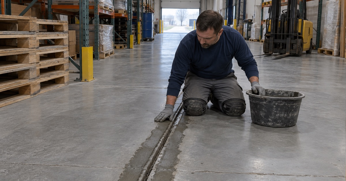 Spalled joint shoulders rebuilt with repair mortar across a forklift aisle in a Racine manufacturing building.