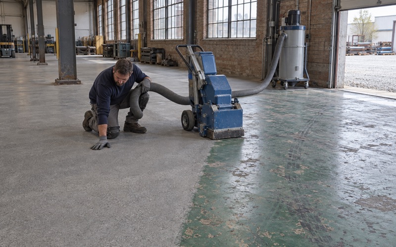 A walk-behind shot blaster opening up an old painted floor in a Racine manufacturing building.