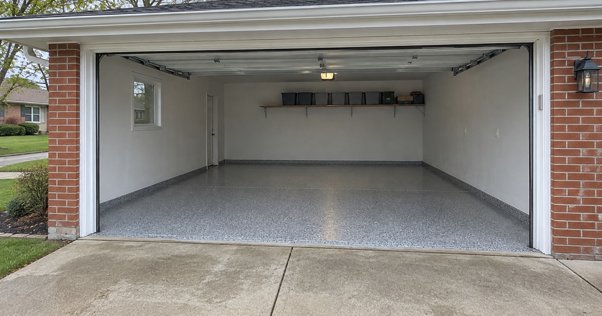 A finished gray flake floor in the attached garage of a Racine brick ranch, seen from the driveway with the door raised.