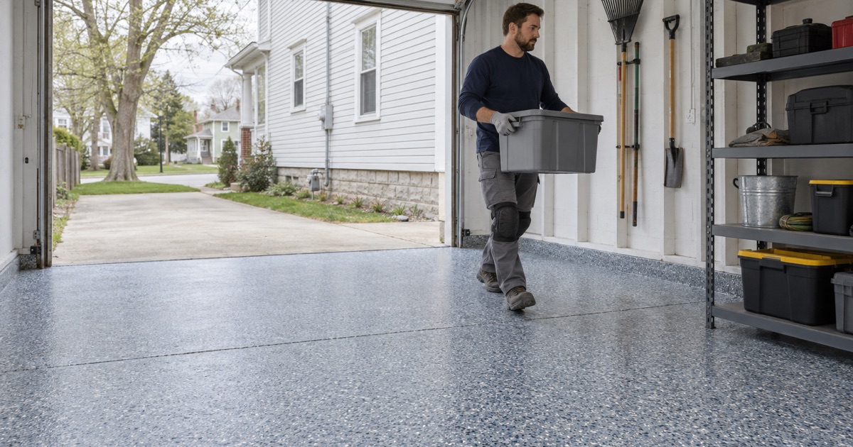 A finished blue-gray flake floor in the detached garage behind an older Racine frame house, a storage tote carried in from the driveway.