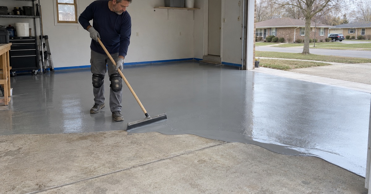 A gray epoxy base coat spread across a ground slab in the attached garage of a Racine brick ranch.
