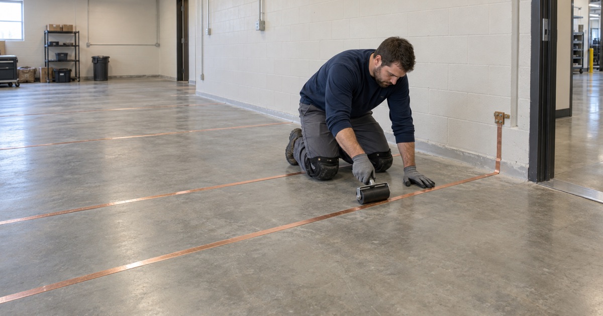 Copper grounding strips pressed onto a ground slab before a static-dissipative floor goes down in a Racine electronics room.