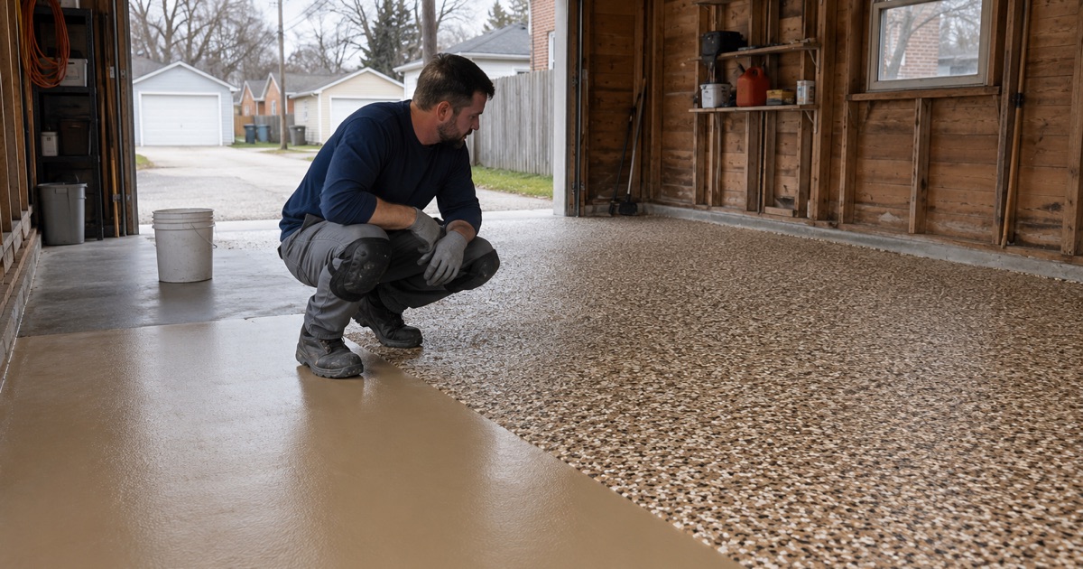 A full-broadcast tan and brown flake floor checked at its working edge in the detached garage of a Racine bungalow.