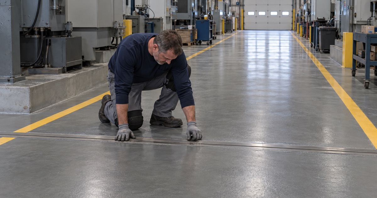 A steel-armored joint across a heavy urethane cement aisle in a large Racine manufacturing plant.