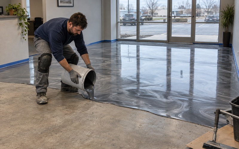 Silver and charcoal metallic epoxy poured across the lobby floor of a small Racine professional office.