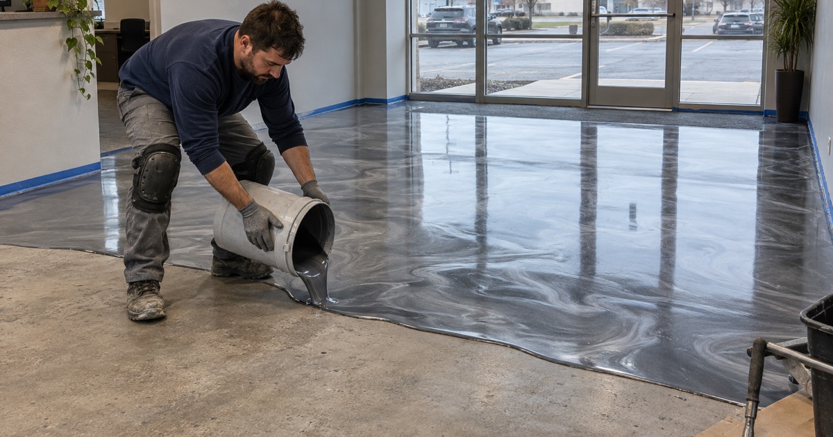 Silver and charcoal metallic epoxy poured across the lobby floor of a small Racine professional office.