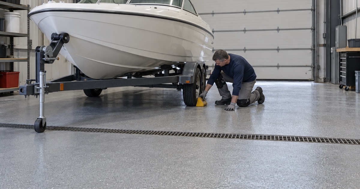 A quartz-textured coated floor in a Racine marina service building, a boat trailer chocked beside the trench drain.