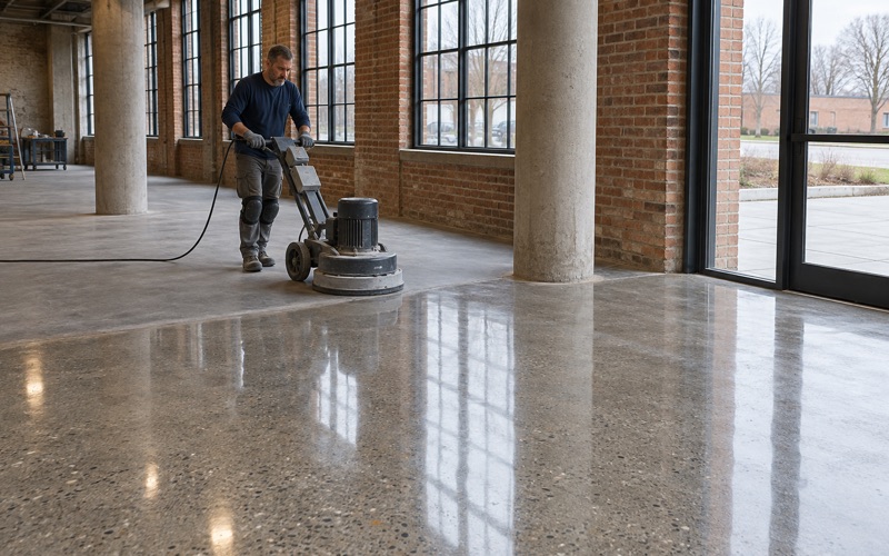 A walk-behind polisher bringing the floor of an old Racine factory building up to a clear gloss.