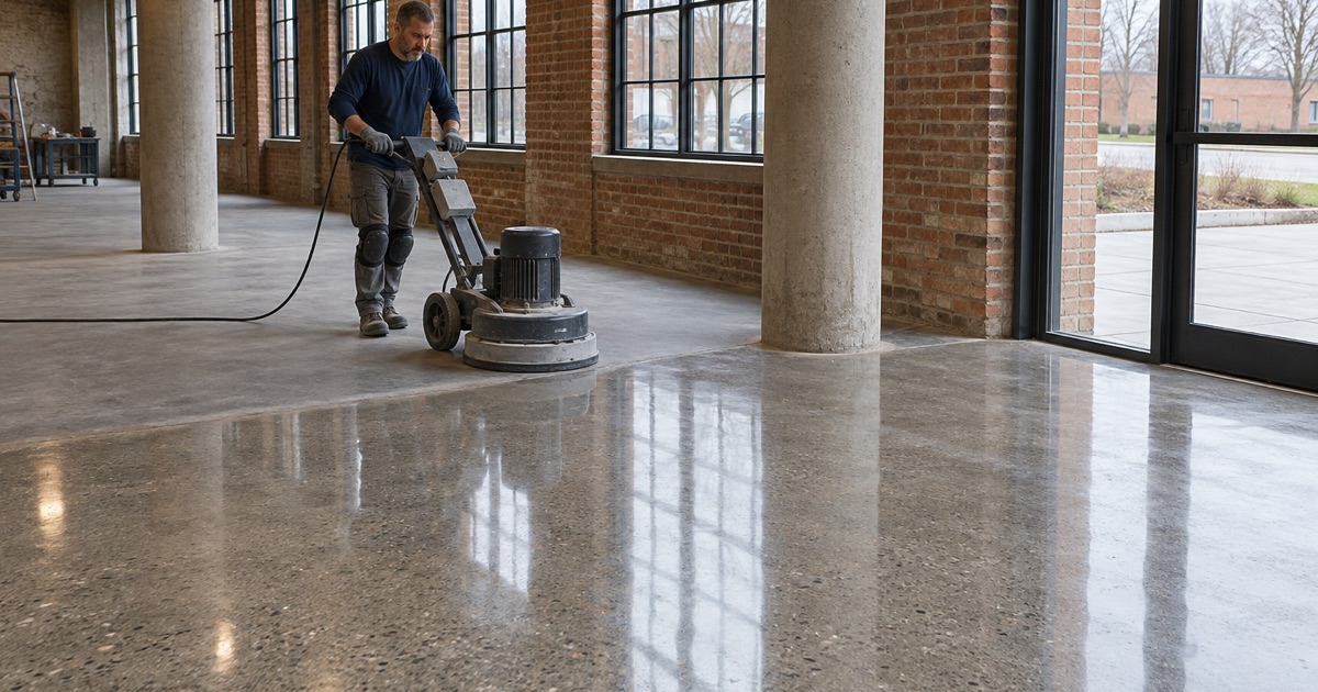 A walk-behind polisher bringing the floor of an old Racine factory building up to a clear gloss.