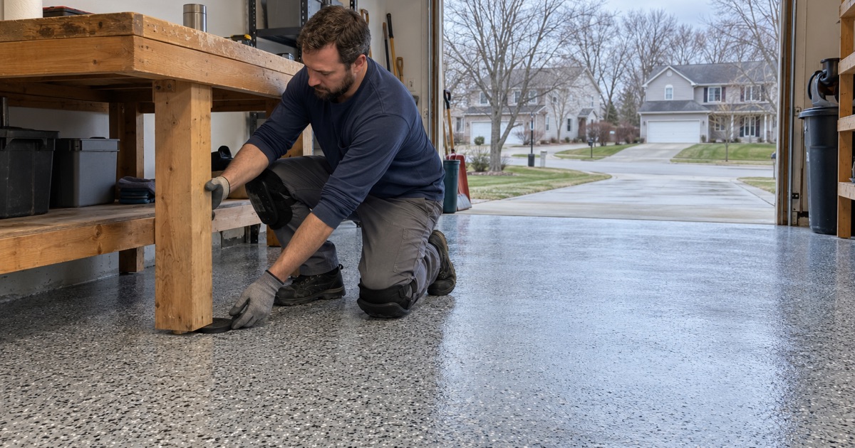 A same-day polyaspartic flake floor in a Racine garage on a cold late-autumn afternoon, the workbench set back on rubber pads.
