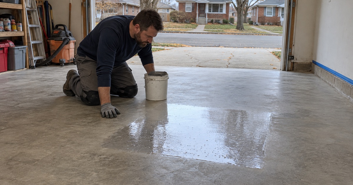 A primer test patch read for pinholes on a ground garage slab in a Racine bungalow late on a fall afternoon.
